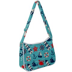 Seamless Pattern Nautical Icons Cartoon Style Zip Up Shoulder Bag