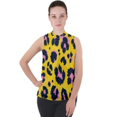 Leopard Print Seamless Pattern Mock Neck Chiffon Sleeveless Top by Wegoenart