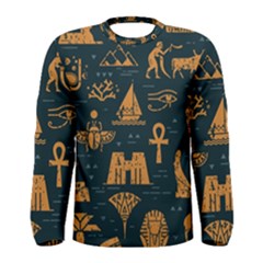 Dark Seamless Pattern Symbols Landmarks Signs Egypt Men s Long Sleeve Tee