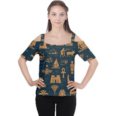 Dark Seamless Pattern Symbols Landmarks Signs Egypt Cutout Shoulder Tee