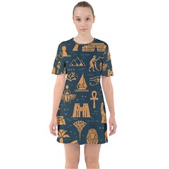 Dark Seamless Pattern Symbols Landmarks Signs Egypt Sixties Short Sleeve Mini Dress by Wegoenart