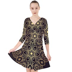 Luxury Golden Mandala Background Quarter Sleeve Front Wrap Dress by Wegoenart