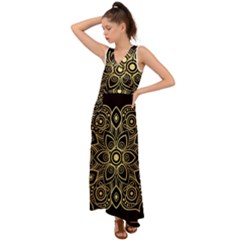 Luxury Golden Mandala Background V-neck Chiffon Maxi Dress by Wegoenart