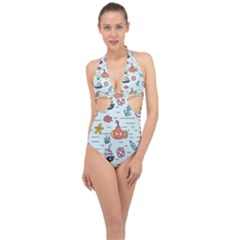 Cartoon Nautical Seamless Background Halter Front Plunge Swimsuit by Wegoenart