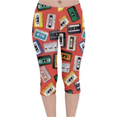 Vintage Retro Cassette Tape Pattern Design Template Velvet Capri Leggings  by Wegoenart