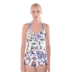 Cartoon African Animals Boyleg Halter Swimsuit  by Wegoenart