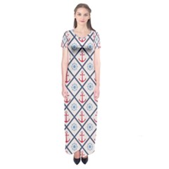 Seamless Pattern With Cross Lines Steering Wheel Anchor Short Sleeve Maxi Dress by Wegoenart