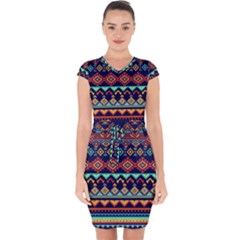 Pattern Tribal Style Capsleeve Drawstring Dress 