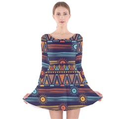 Bohemian Ethnic Seamless Pattern With Tribal Stripes Long Sleeve Velvet Skater Dress by Wegoenart