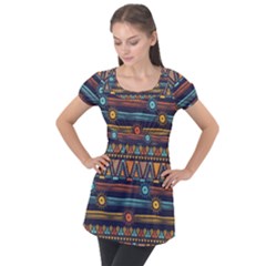 Bohemian Ethnic Seamless Pattern With Tribal Stripes Puff Sleeve Tunic Top by Wegoenart