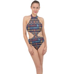 Bohemian Ethnic Seamless Pattern With Tribal Stripes Halter Side Cut Swimsuit by Wegoenart