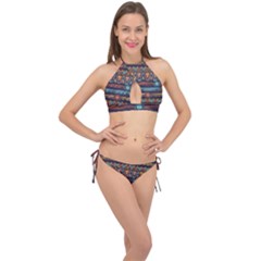 Bohemian Ethnic Seamless Pattern With Tribal Stripes Cross Front Halter Bikini Set