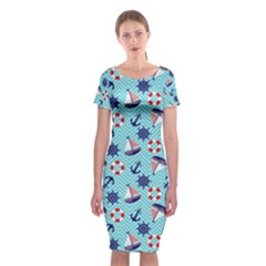 Seamless Pattern Nautical Theme Classic Short Sleeve Midi Dress by Wegoenart