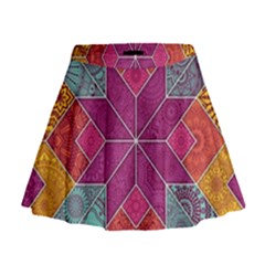 Ethnic Floral Mosaic Pattern Mini Flare Skirt