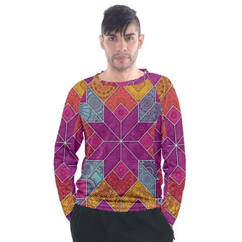 Ethnic Floral Mosaic Pattern Men s Long Sleeve Raglan Tee by Wegoenart