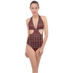 Illustration Ukrainian Folk Seamless Pattern Ornament Halter Front Plunge Swimsuit