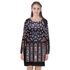 Chartres Cathedral Notre Dame De Paris Amiens Cath Stained Glass Long Sleeve Chiffon Shift Dress  by Wegoenart