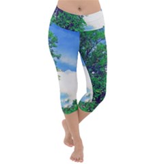 The Deep Blue Sky Lightweight Velour Capri Yoga Leggings by Fractalsandkaleidoscopes