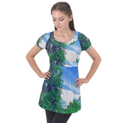 The Deep Blue Sky Puff Sleeve Tunic Top by Fractalsandkaleidoscopes