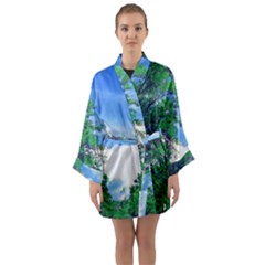 The Deep Blue Sky Long Sleeve Satin Kimono by Fractalsandkaleidoscopes