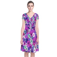 Fantasy Garden Purple Short Sleeve Front Wrap Dress by retrotoomoderndesigns