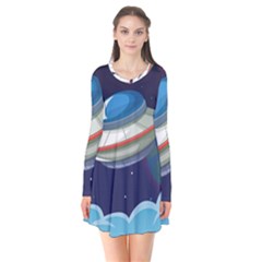 Ufo Alien Spaceship Galaxy Long Sleeve V-neck Flare Dress by Vaneshart