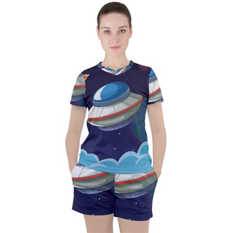 Ufo Alien Spaceship Galaxy Women s Tee And Shorts Set by Vaneshart
