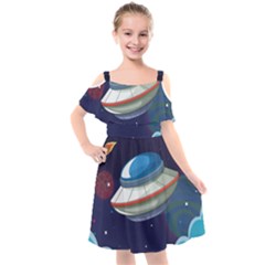 Ufo Alien Spaceship Galaxy Kids  Cut Out Shoulders Chiffon Dress by Vaneshart