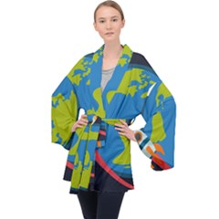Spaceship Design Long Sleeve Velvet Kimono  by Vaneshart