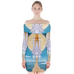 Space Exploration Illustration Long Sleeve Off Shoulder Dress by Vaneshart