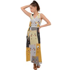 Seamless Pattern Cute Cat Cartoons V-neck Chiffon Maxi Dress by Vaneshart