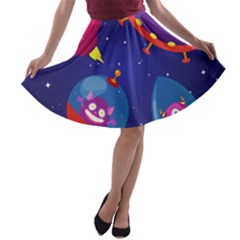 Cartoon Funny Aliens With Ufo Duck Starry Sky Set A-line Skater Skirt