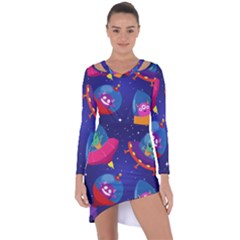 Cartoon Funny Aliens With Ufo Duck Starry Sky Set Asymmetric Cut-out Shift Dress by Vaneshart