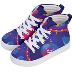 Cartoon Funny Aliens With Ufo Duck Starry Sky Set Kids  Hi-top Skate Sneakers by Vaneshart