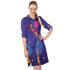 Cartoon Funny Aliens With Ufo Duck Starry Sky Set Long Sleeve Mini Shirt Dress by Vaneshart