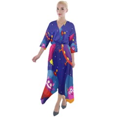 Cartoon Funny Aliens With Ufo Duck Starry Sky Set Quarter Sleeve Wrap Front Maxi Dress by Vaneshart