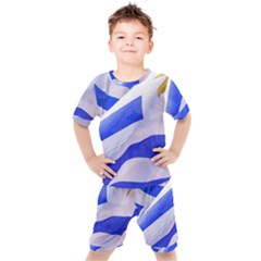 Uruguay Flags Waving Kids  Tee And Shorts Set by dflcprintsclothing