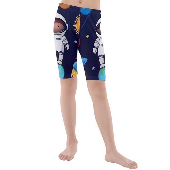 Boy Spaceman Space Rocket Ufo Planets Stars Kids  Mid Length Swim Shorts