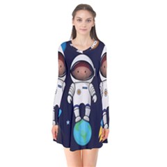 Boy Spaceman Space Rocket Ufo Planets Stars Long Sleeve V-neck Flare Dress by Vaneshart