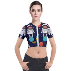 Boy Spaceman Space Rocket Ufo Planets Stars Short Sleeve Cropped Jacket by Vaneshart