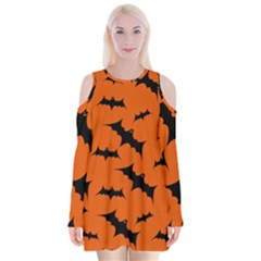 Halloween Card With Bats Flying Pattern Velvet Long Sleeve Shoulder Cutout Dress by Vaneshart