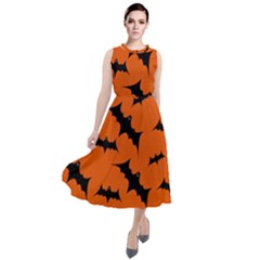 Halloween Card With Bats Flying Pattern Round Neck Boho Dress by Vaneshart