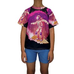 Astronaut Spacesuit Standing Surfboard Surfing Milky Way Stars Kids  Short Sleeve Swimwear by Vaneshart