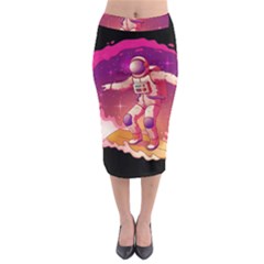 Astronaut Spacesuit Standing Surfboard Surfing Milky Way Stars Midi Pencil Skirt by Vaneshart