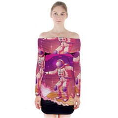Astronaut Spacesuit Standing Surfboard Surfing Milky Way Stars Long Sleeve Off Shoulder Dress by Vaneshart