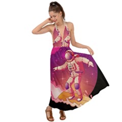 Astronaut Spacesuit Standing Surfboard Surfing Milky Way Stars Backless Maxi Beach Dress by Vaneshart