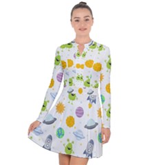 Seamless Pattern Cartoon Space Planets Isolated White Background Long Sleeve Panel Dress by Vaneshart