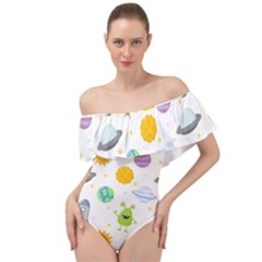 Seamless Pattern Cartoon Space Planets Isolated White Background Off Shoulder Velour Bodysuit  by Vaneshart