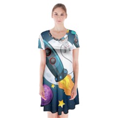 Spaceship Astronaut Space Short Sleeve V-neck Flare Dress by Vaneshart
