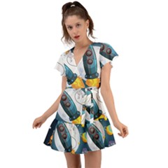 Spaceship Astronaut Space Flutter Sleeve Wrap Dress